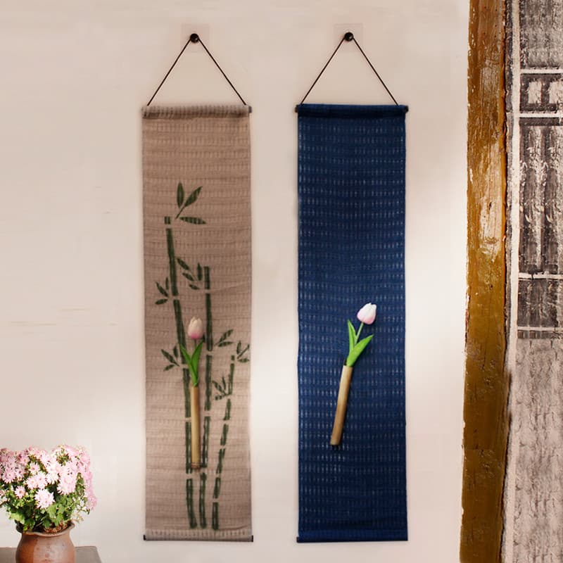 Feito à mão azul tingido cânhamo chinês oco pendurado na parede tubo de bambu inserção de flor Spray pintado decoração d