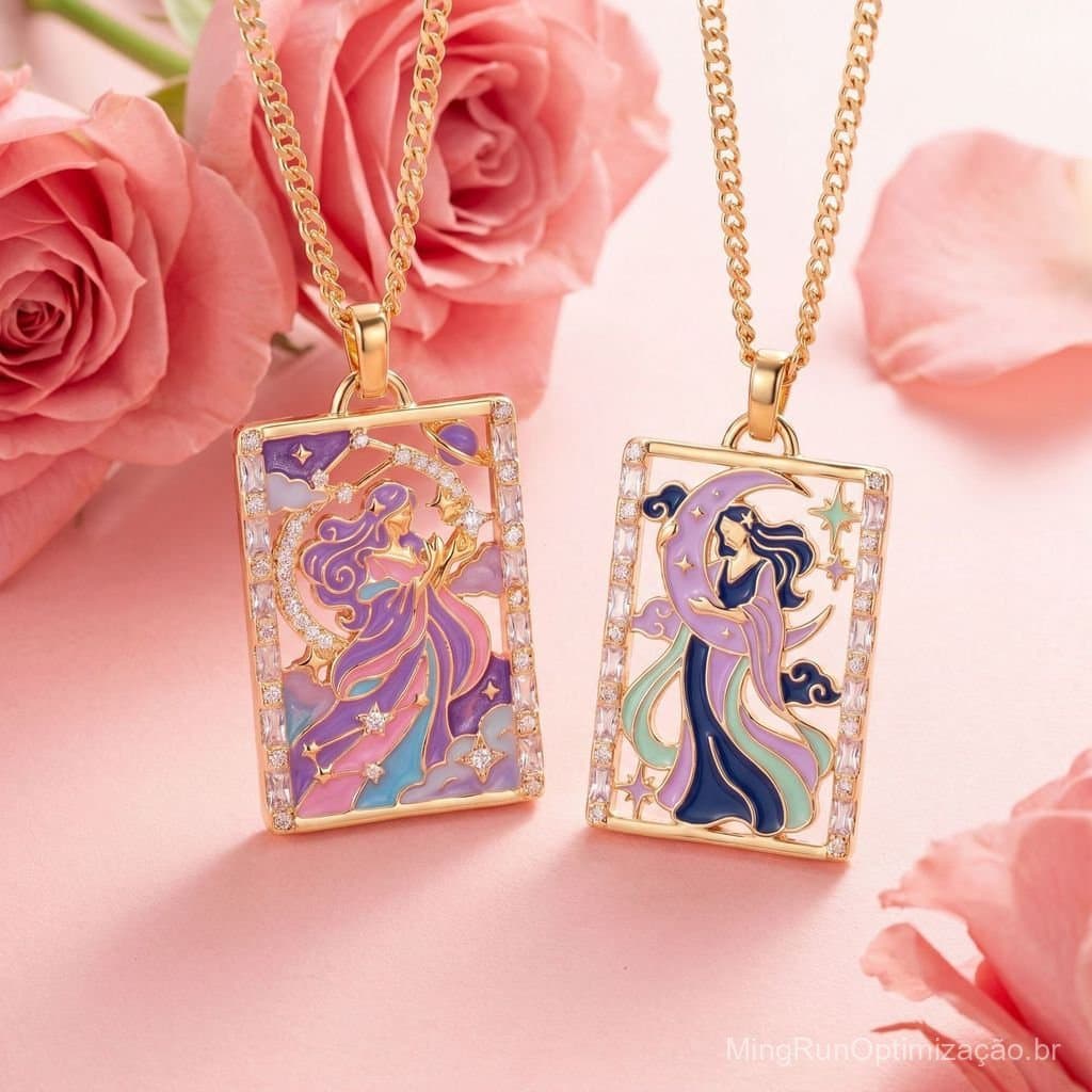 Colar com Pingente Quadrado Esmaltado de Deusa do Tarot, Tema Sol, Céu Estrelado e Lua, Luxo Leve com Diamantes