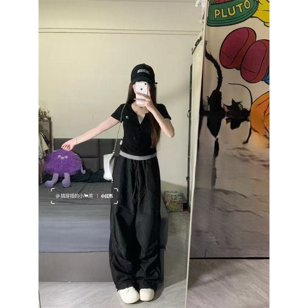 Camiseta feminina de manga curta com costura de duas peças, Slim Fit, aparência mais fina