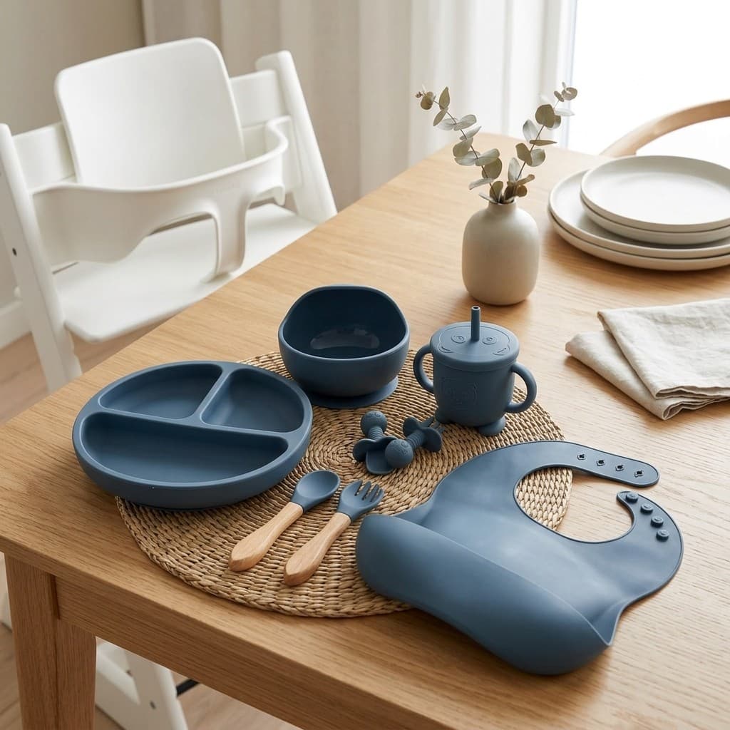 Prato de Silicone Bebê Enxoval Alimentação Infantil Babador Copo Ventosa 8 Peças