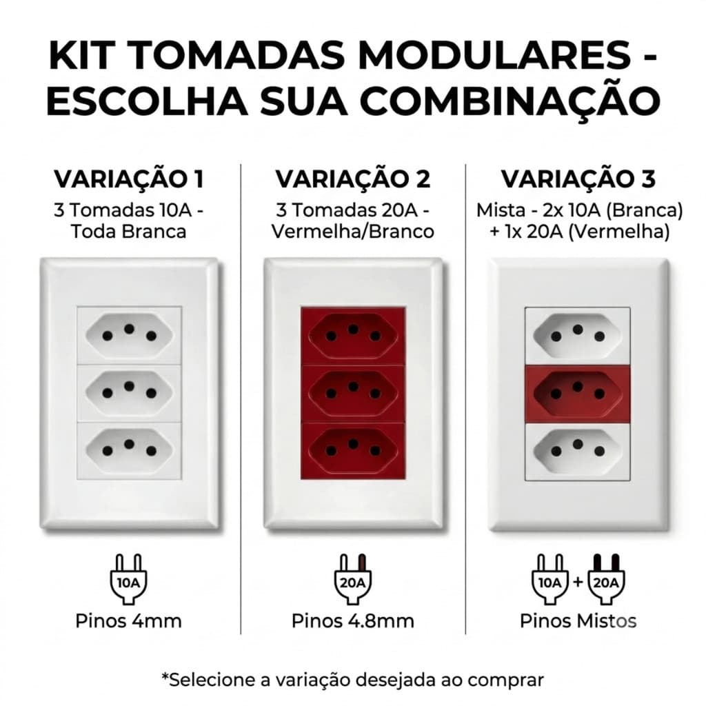 Tomada Tripla 10A 20A Monobloco Branco Bivolt Módulo + Espelho 2p+t 3 pinos 4X2 110V 250V