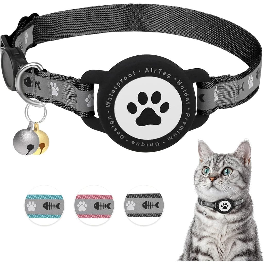 Coleira Impermeável para Gato com AirTag, Coleira Refletiva para Gato com AirTag e Sino, Coleira para Gato com Suporte p