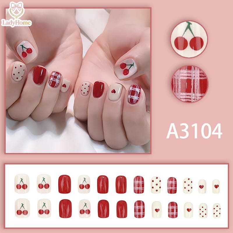 LADYH 24 Pçs Bolinhas Coração Che Cereja Curto Quadrado Unhas Falsas Com Geléia Adesivo Destacável Capa Completa Imprens