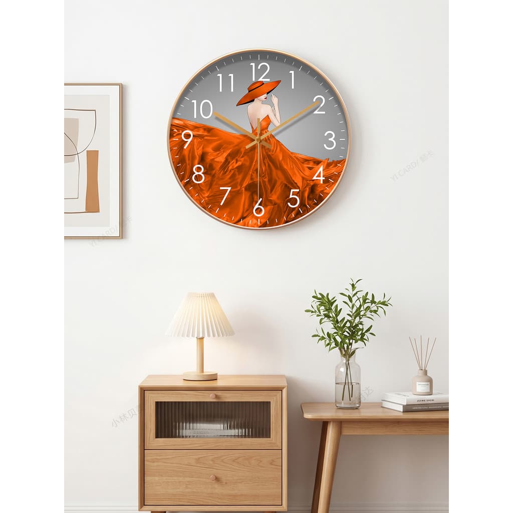 Moda personagem feminino impresso rádio relógio de parede arte criativa sala estar quarto mudo quadro ouro relógio decor