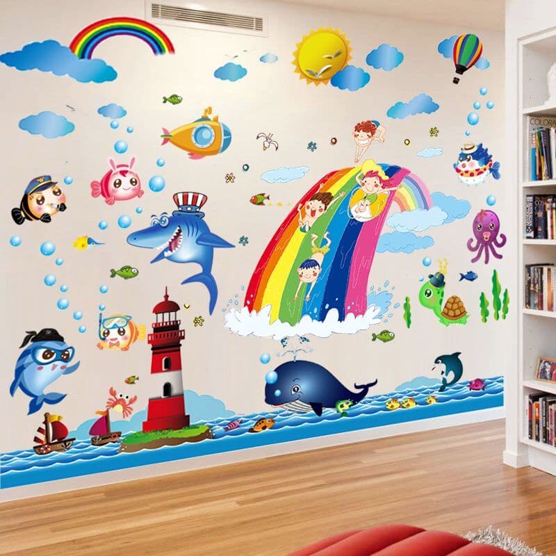 Desenhos animados golfinho subaquático mundo oceano adesivo de parede auto-adesivo papel de parede decoração Animal deco
