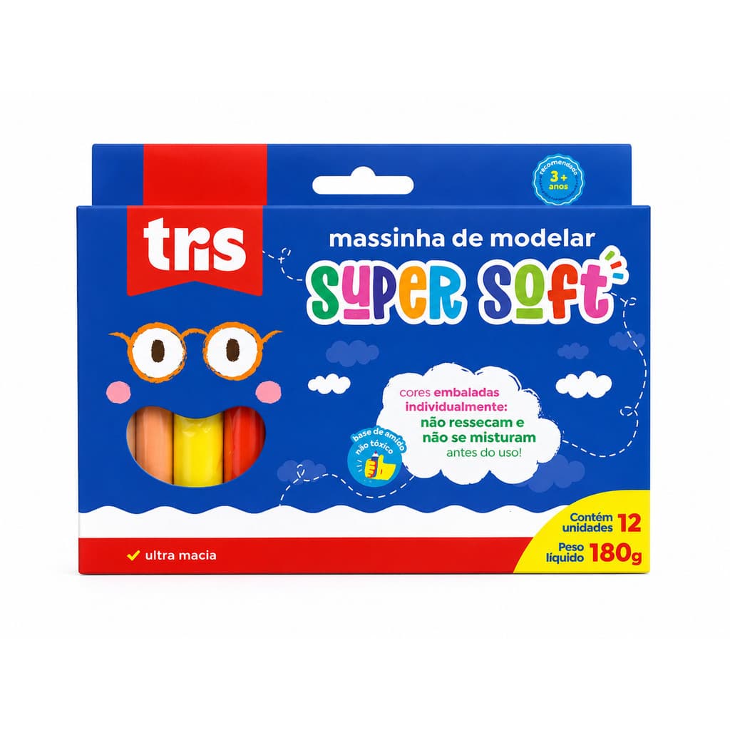 Massinha de Modelar TRIS Super Soft 12 Cores 180g | Ultra Macia | Não Resseca | Embaladas Individualmente