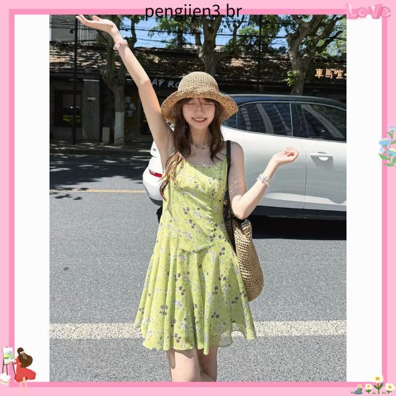 Vestido Floral fresco verde, férias de verão, aparência mais fina, saia de cintura estreita, enviada em 15 dias