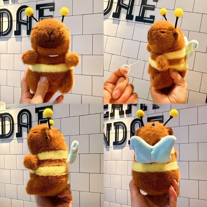 Pingente de capivara de desenho animado fofo com asas, chaveiro de pelúcia de abelha, acessório para bolsa de brinquedos