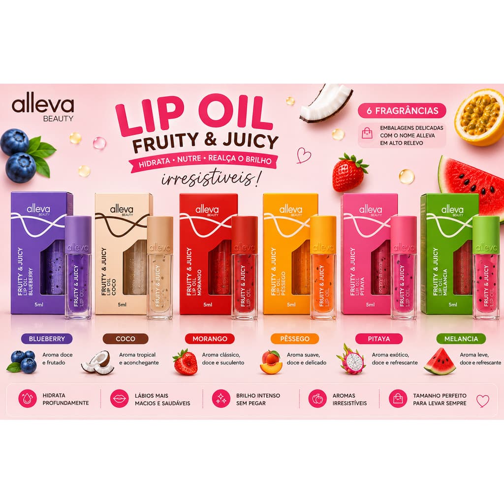 Lip Oil Alleva Beauty Fruity & Juicy 5ml Hidratante Labial | Venda Unitária | 6 Fragrâncias