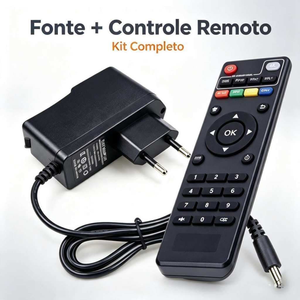 Kit Fonte Alimentação + Controle Remoto, Compatível com Box de Mídia, Fonte Plug UE