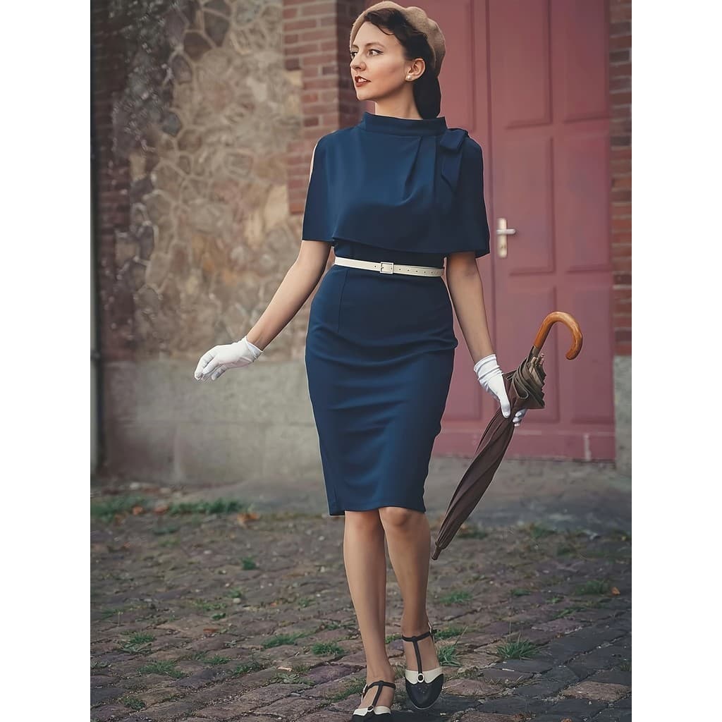 [Novo produto] Vestido Slim fit de comprimento médio com gola alta e Design xale tridimensional de cintura estreita alfa