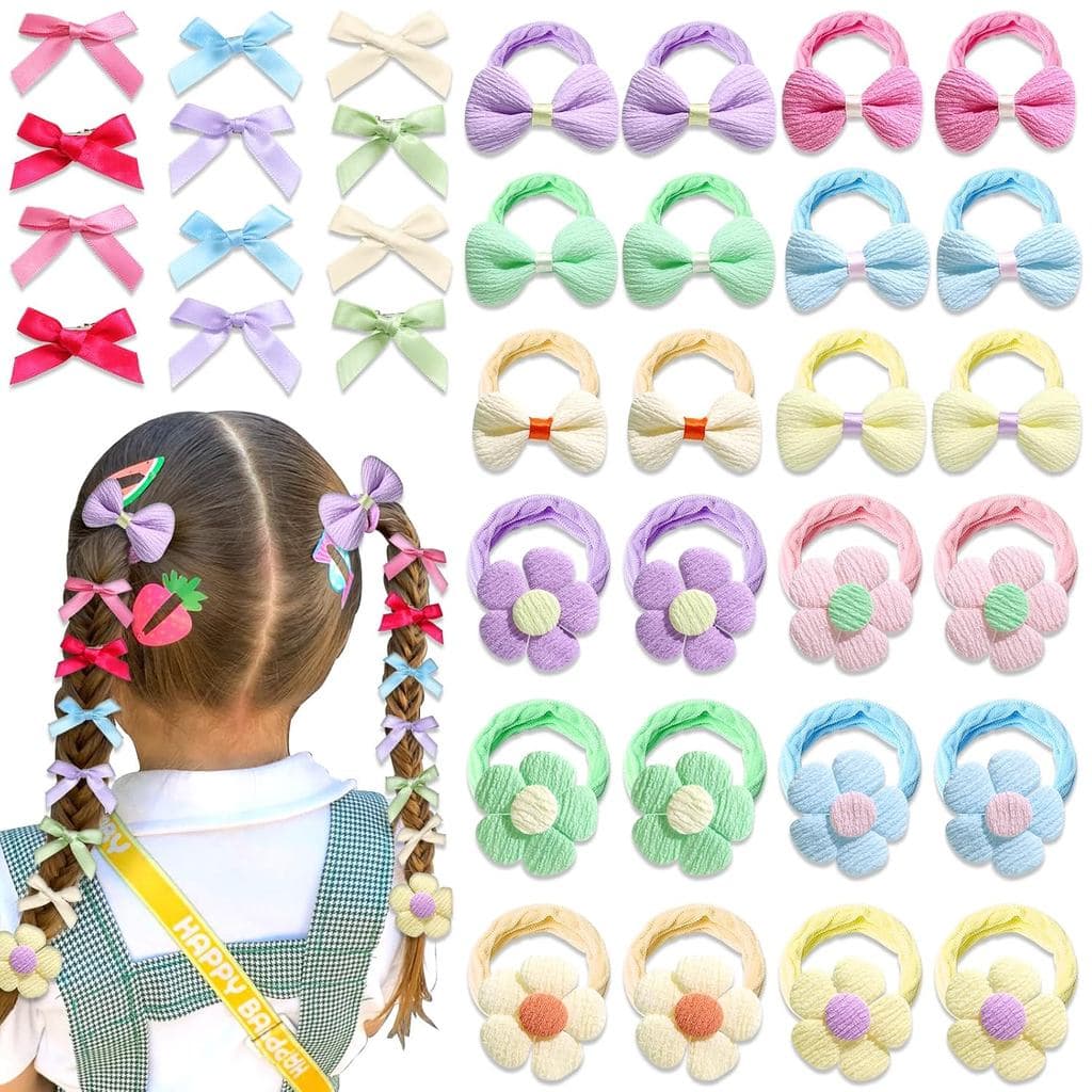 48 Laços de Cabelo para Meninas, Laços de Cabelo para Bebês, Laços de Cabelo com Flores Fofas, Elásticos Coloridos, Pres
