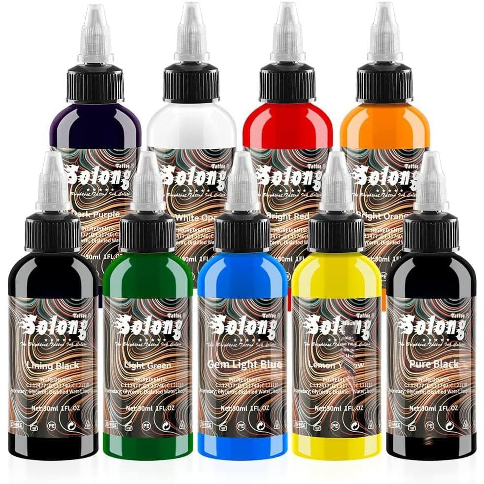 Conjunto de 9 Cores de Tinta para Tatuagem, 1oz (30ml), Kit de Pigmentos para Tatuagem Solong, Conjunto de Tinta para Ta