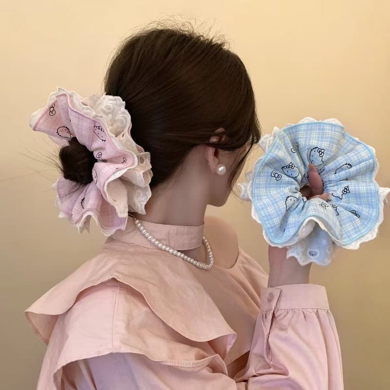 Laço De Cabelo De Renda Xadrez De Gato Doce Feminino Para Penteado De Coque