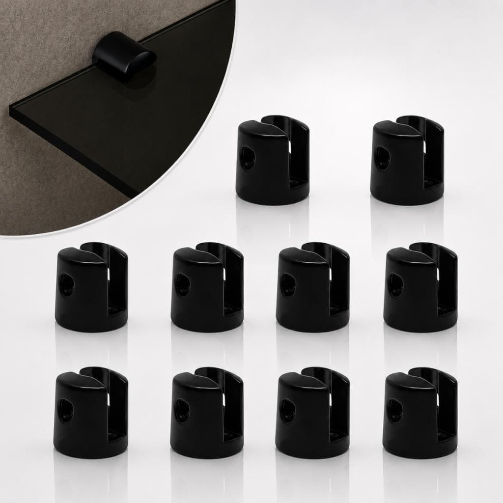 Kit 10 Suportes Fenda Redondo 02 Furos Para Prateleira de Vidro 6mm em Zamac Preto