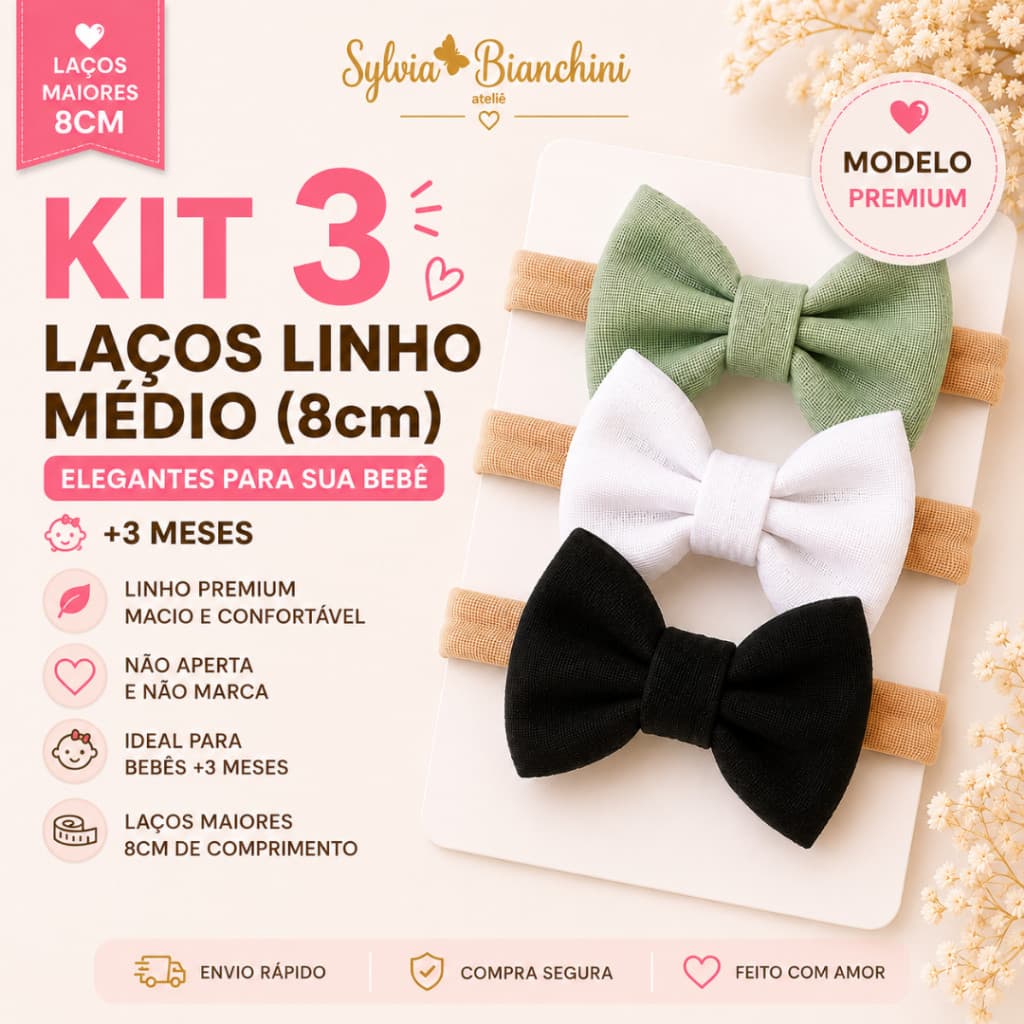 Kit 3 Laços Cabelo Infantil Linho Médio 8cm Infantil Menina Faixa Premium
