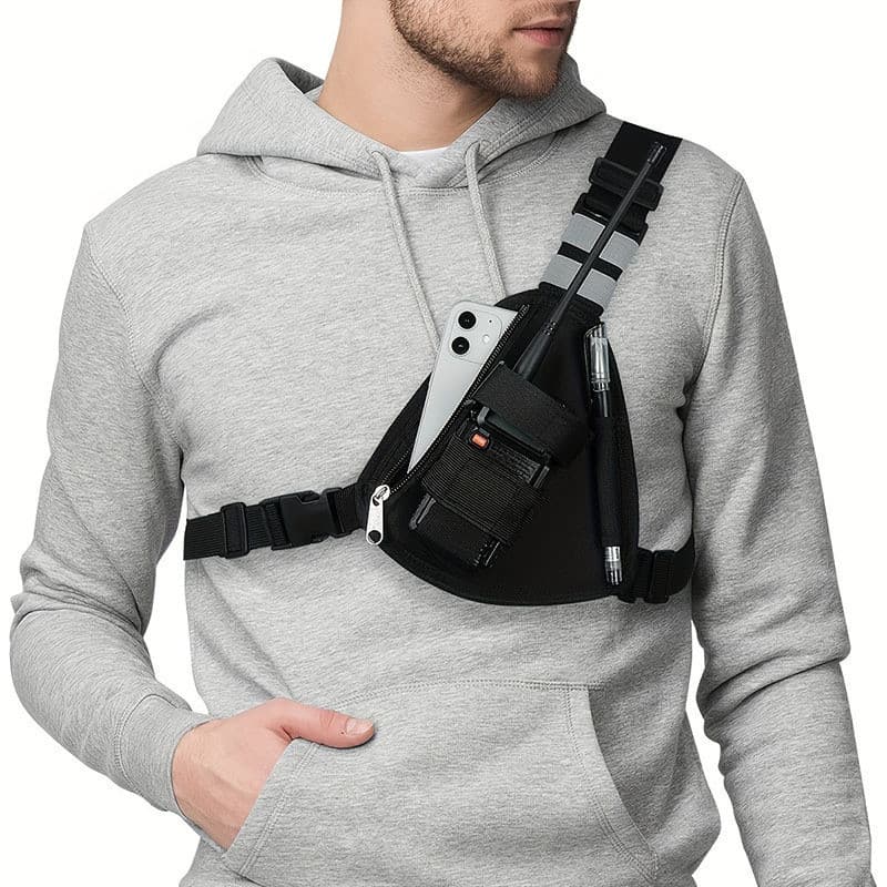 Bolsa de Peito Triangular Preta Masculina para Walkie-Talkies, Bolsa Transversal Multifuncional e Conveniente para Espor
