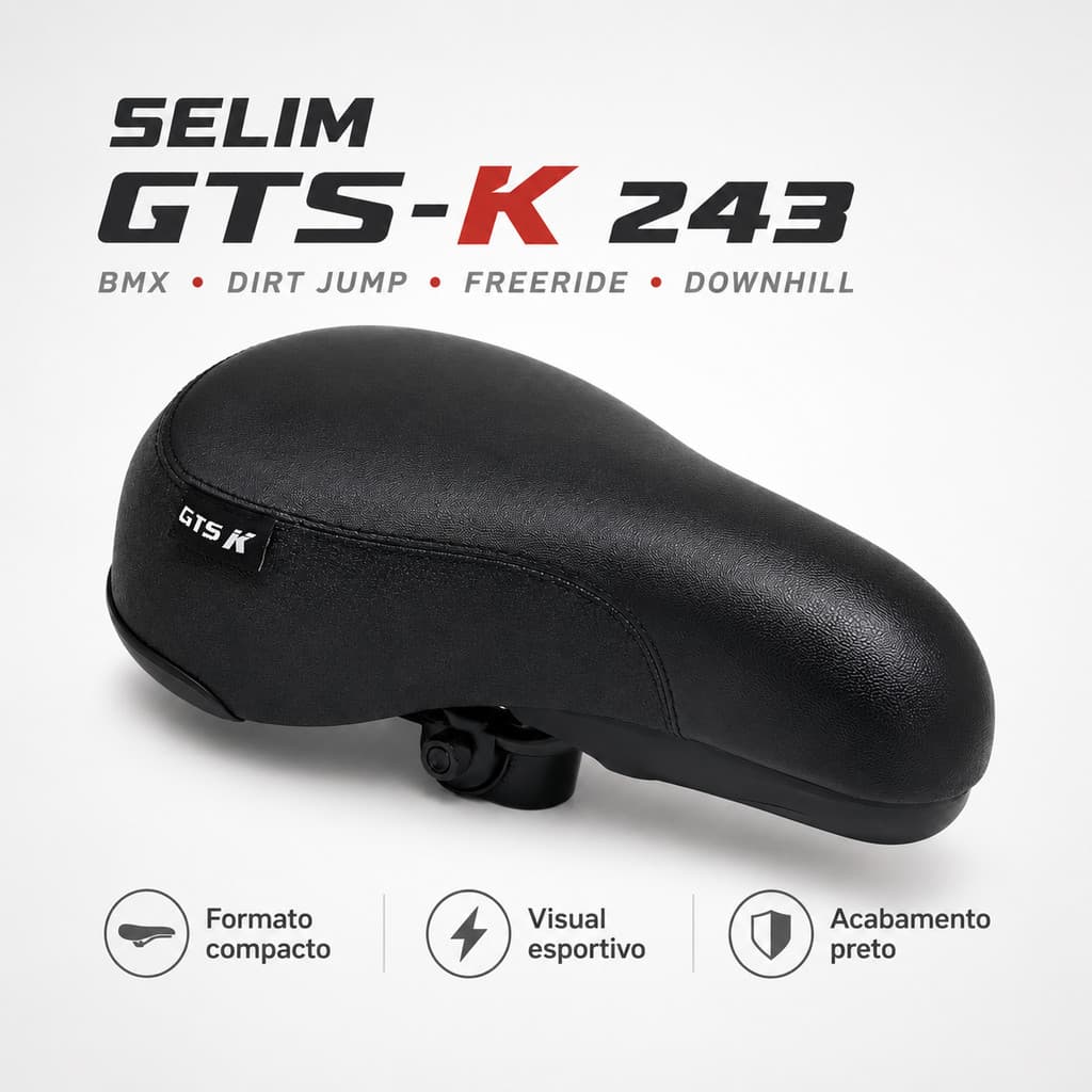 Banco Selim GTS PRO DDK para BMX, Dirt Jump, Freeride e Downhill, Preto, com Revestimento em Couro Sintético,