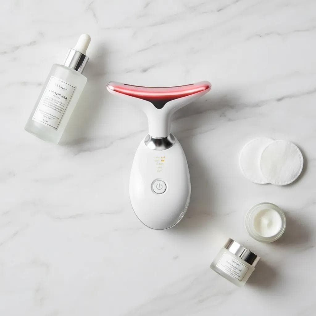 Massageador mini e portátil para pescoço e rosto com terapia de luz LED, aquecimento a 45° para rejuvenescimento.