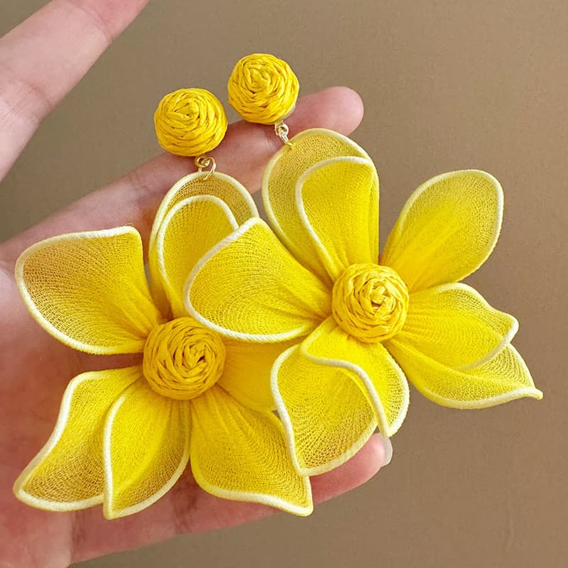 Estilo de férias à beira-mar temperamento Super fada dupla camada tule flor ráfia brincos doce inteligente estilo fada b
