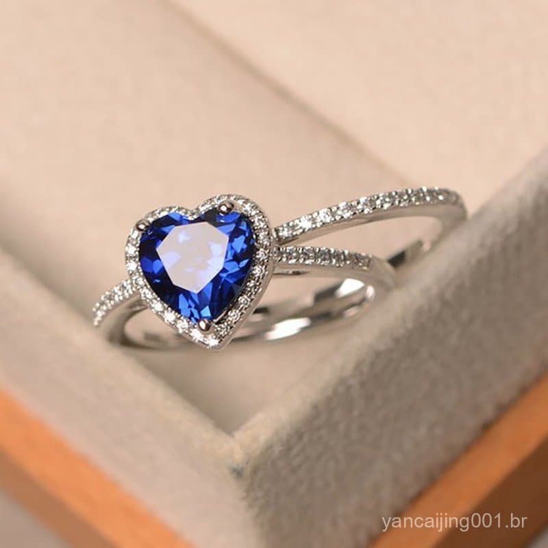 Elegante em forma de coração cubo azul zircônia senhoras anel de casamento prata luxo acessórios de festa de noivado