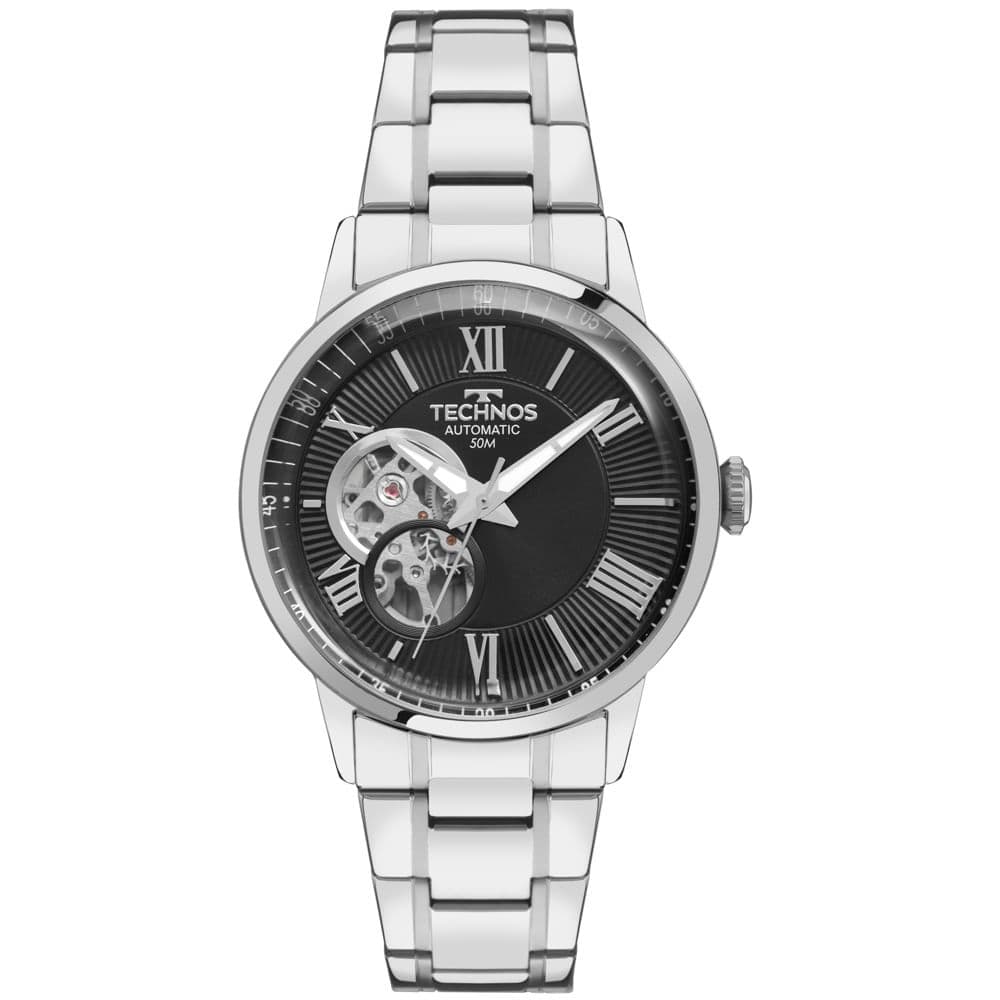 Relógio Technos Masculino Automático Open Heart Prata - G3265BK/1P