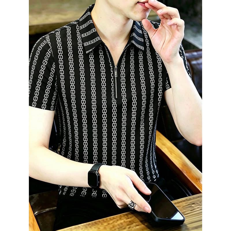 Camiseta masculina de manga curta preto listrado zíper lapela Street Wear impresso topo 2026 novo estilo juventude Base