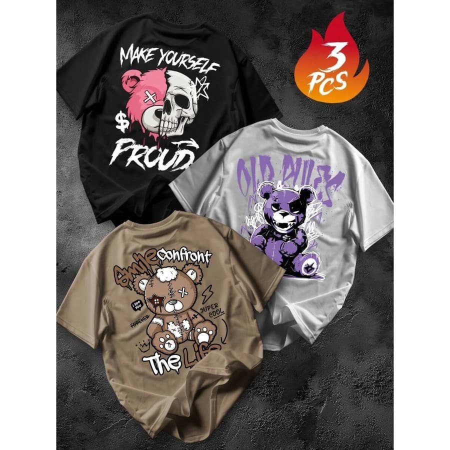 KIT 3 CAMISETA Masculina Algodão Adulto Plus Size Casual Streetwear Make Yourself Madness Old Roxo Ursos Caveira