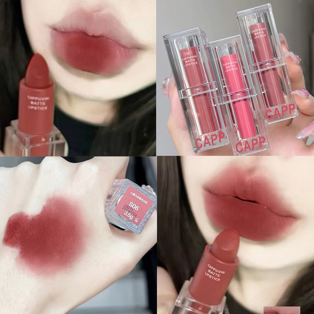 Batom Kapowini, cor nude matte suave, fácil de aplicar, batom de longa duração.