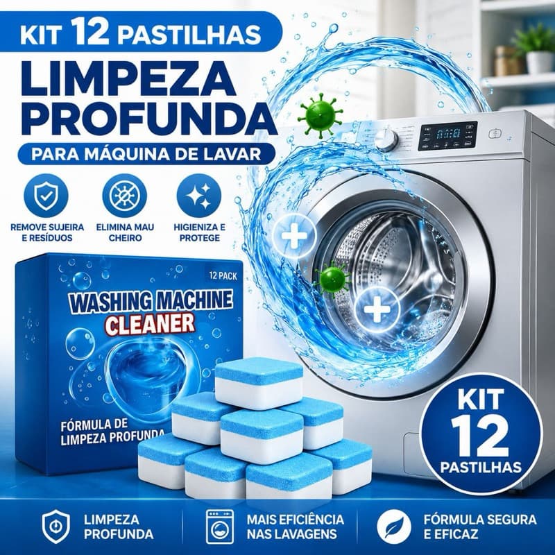 Pastilhas para Limpar Máquina de Lavar Kit 12 Higienização Profunda Remove Odor