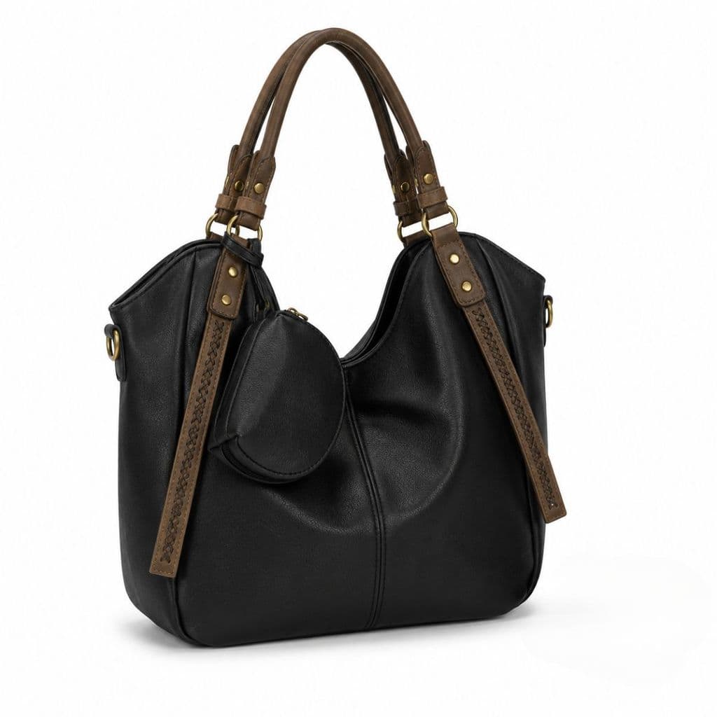 Bolsa Feminina Hobo Grande Preta Alça Marrom Trançada com Moedeiro Removível Bolsa de Ombro Couro Casual