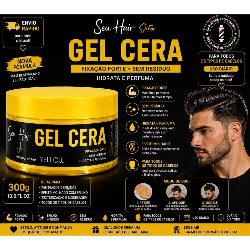 Gel Cera Yellow Patrono 300g Modelador Capilar Fixação Forte Fácil Modelagem Não Deixa Resíduos