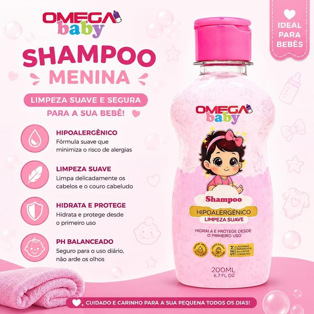 Shampoo Omega Baby Menina 200ml - Limpeza suave infantil, uso diário e cabelos macios