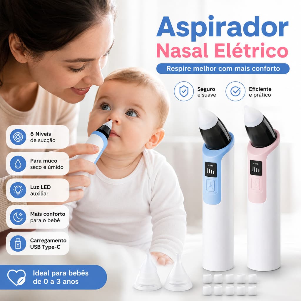 Aspirador Nasal Elétrico Bebê 6 Níveis Recarregável USB-C 2 Pontas