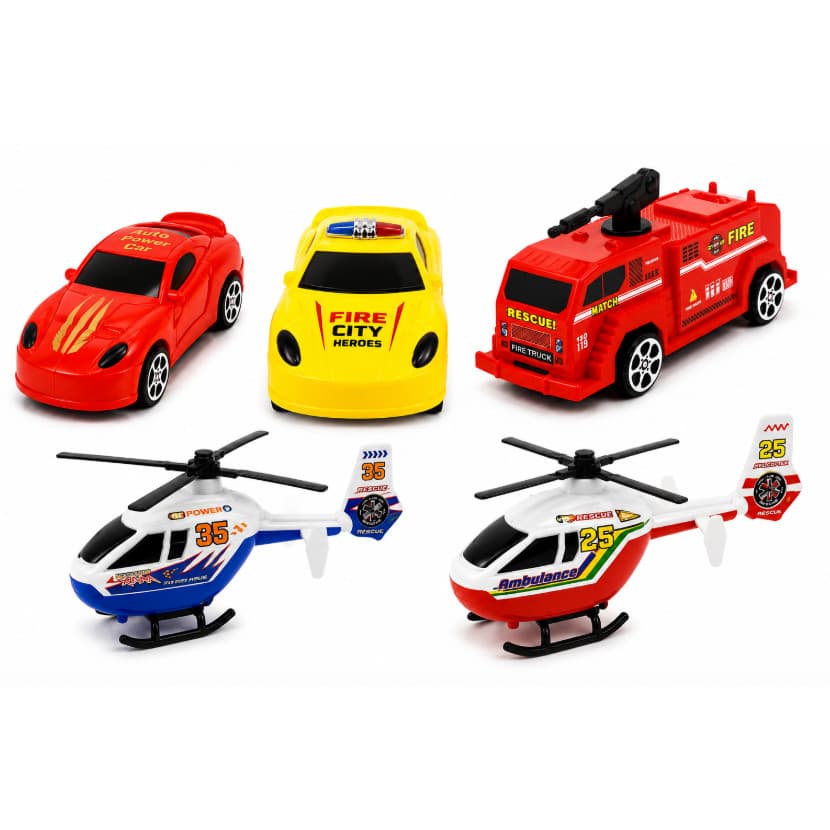 Kit 5 Brinquedos de Resgate – 2 Helicópteros + 2 Carrinhos + 1 Caminhão de Bombeiro Infantil