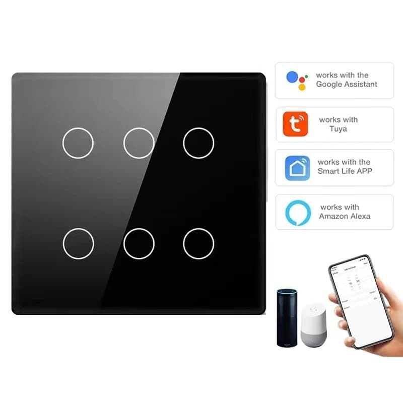 Interruptor Inteligente WiFi 6 Botões RF433 Tuya Toque Controle APP Voz Alexa Google Home Casa Inteligente