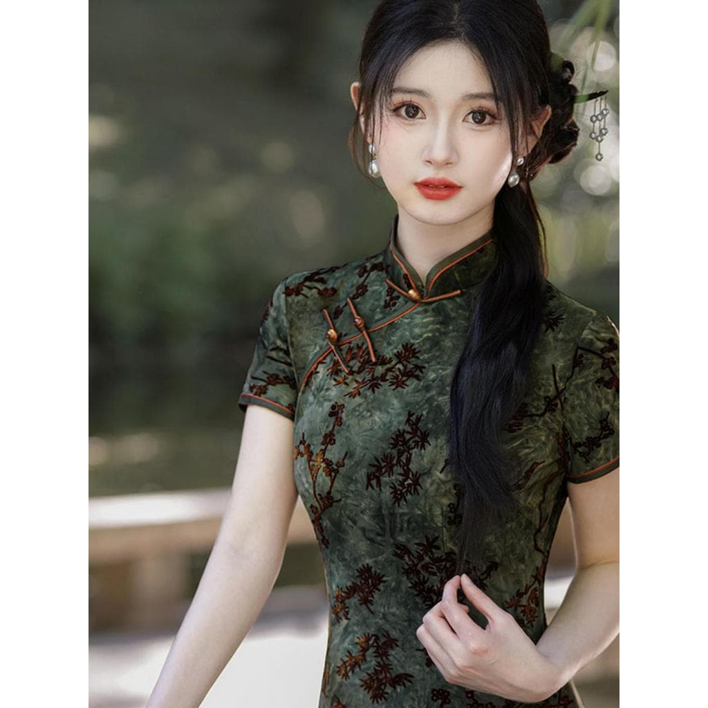 2025 Verão Outono Novo Estilo Estilo Nacional Lã Melhorada Cheongsam Novo Estilo Chinês Tamanho Grande Estilo Longo Ceri