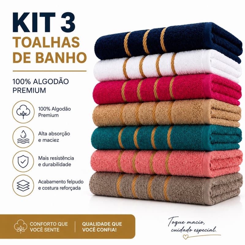 Kit 3 Toalha de Banho Grande Felpuda Macia Premium 100% 70x130 Algodão Ótima Absorção