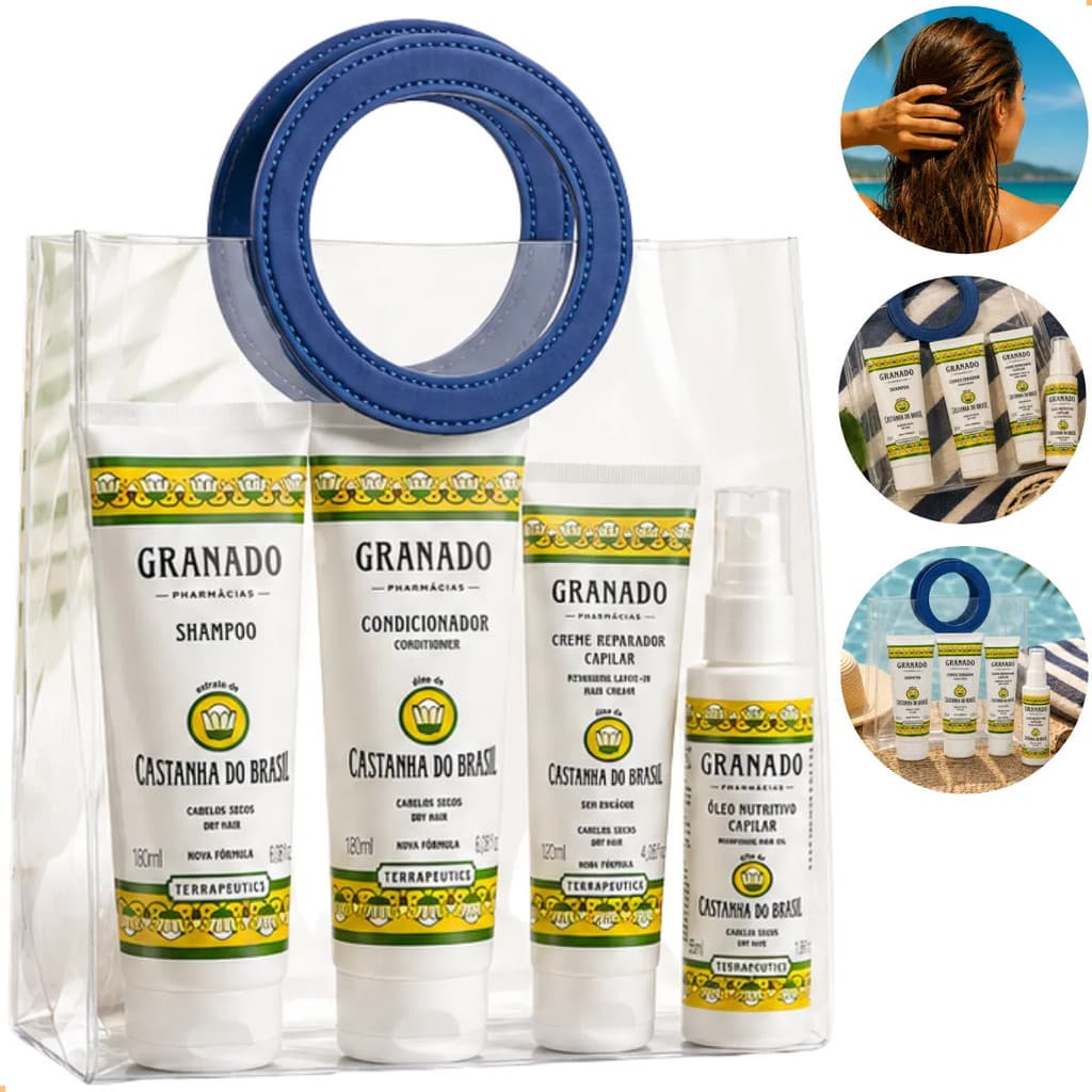 Kit SOS Cabelo Praia Piscina Viagem Granado Castanha Brasil Shampoo Condicionador Creme e Óleo