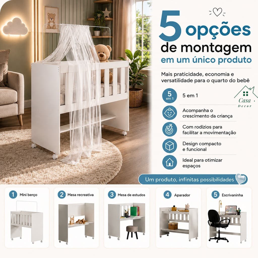 🧸 Berço 5 em 1 Tigus Baby Pintura UV Estrutura Resistente MDF ✨