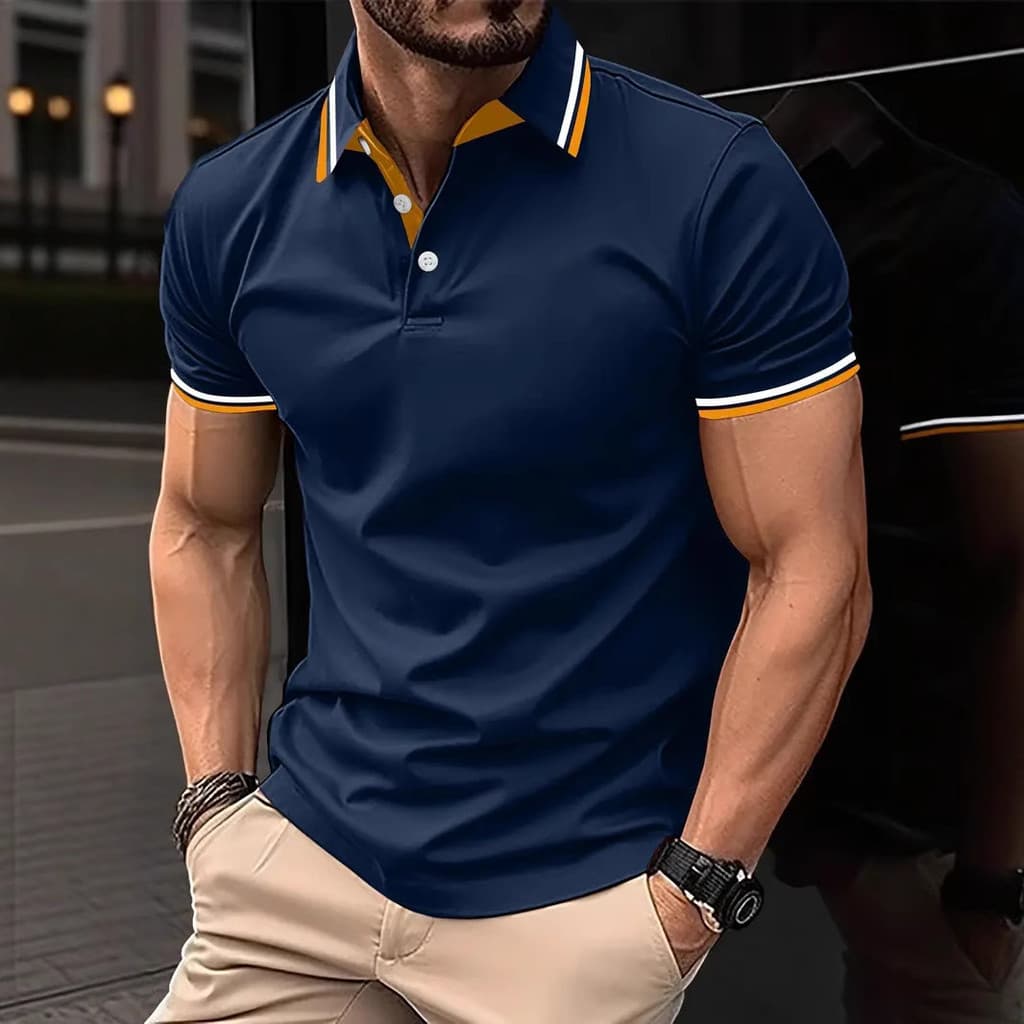 Nova camisa POLO masculina de ajuste fino com nervuras listrado lapela botão cor sólida costura camiseta topo