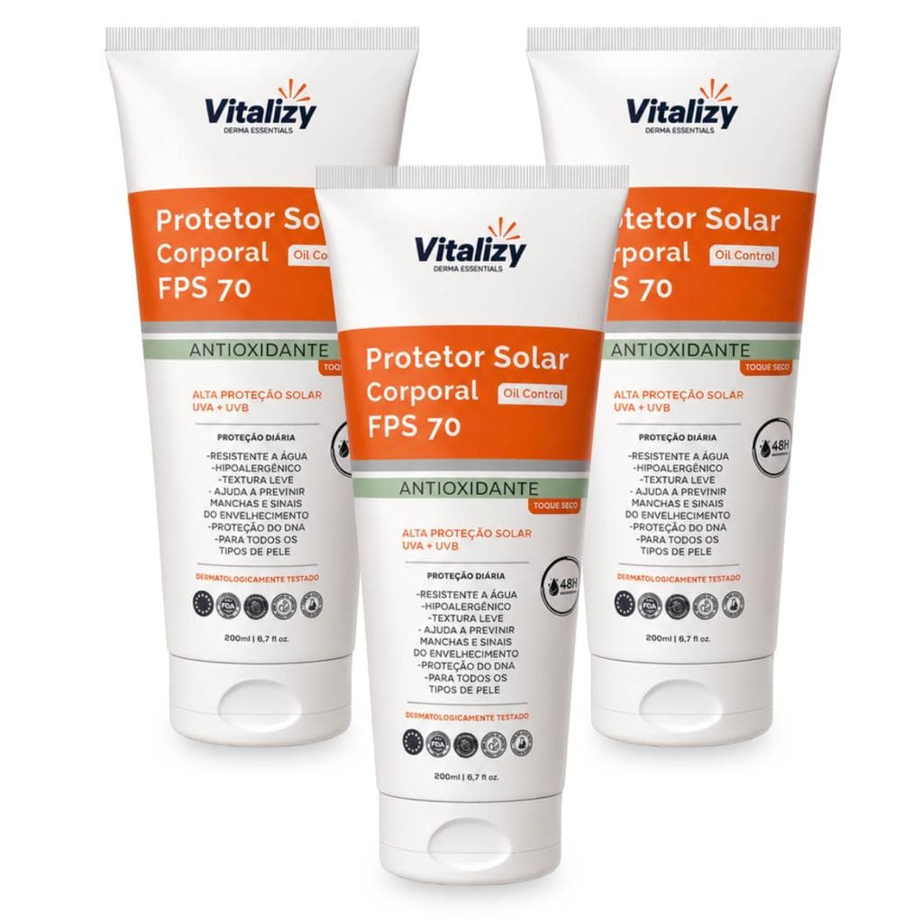 Kit 3x200ml Protetor Solar Corporal 70 FPS Oil Control Antioxidante Toque Seco Alta Proteção Solar UVA UVB Vitalizy