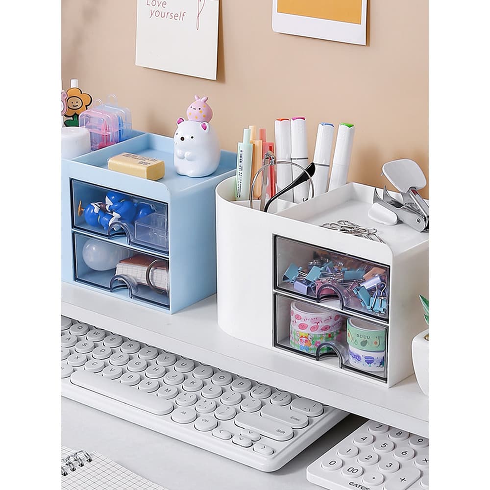 Balde de papelaria de estilo simples, plástico transparente, tipo gaveta, porta-canetas, caixa de armazenamento de mesa,