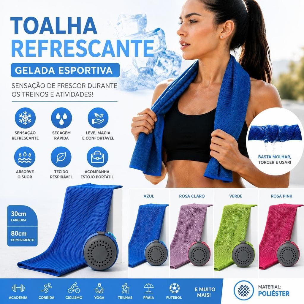 Toalha Refrescante Gelada Esportivo Fitness Corrida Academia Secagem Rápida 30X80CM Poliéster Yoga