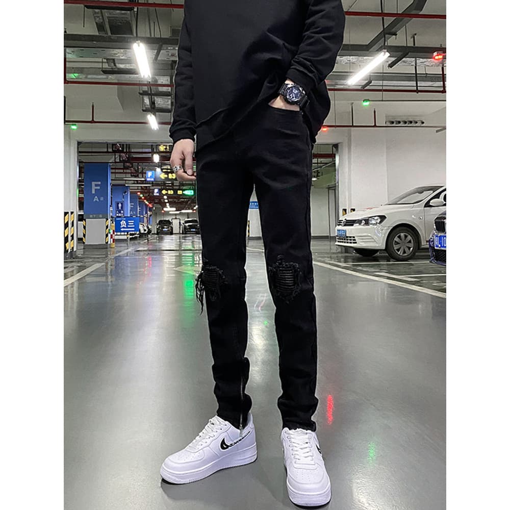 Calças de brim masculinas rasgadas remendo calças compridas 2026 novo estilo magro-ajuste preto na moda calças masculina