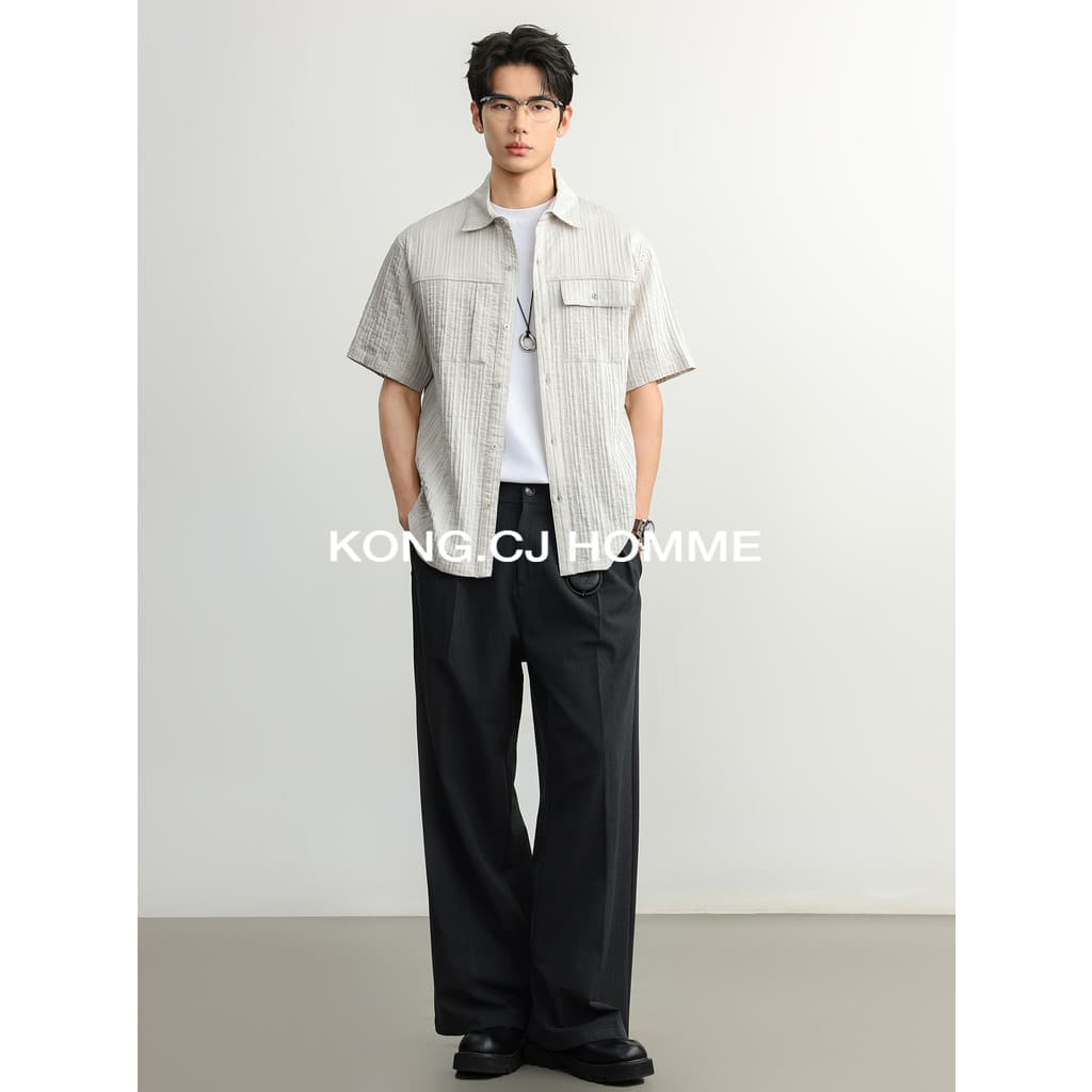 K KCJ Tridimensional Listras Verticais Seersucker Solto Casual Camisa POLO de Manga Curta Masculina Verão Commuter All-M