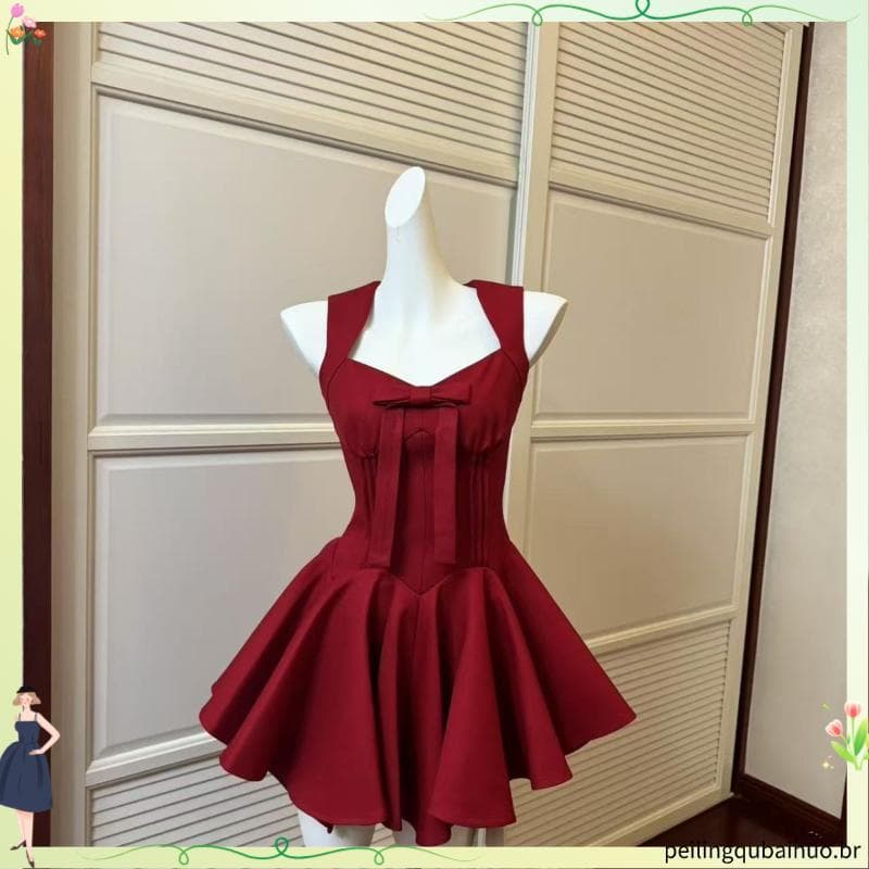 Rosa vida saia de quatro metros princesa saia Bowknot filha sem mangas vestido de cintura estreita concha vestido ligeir