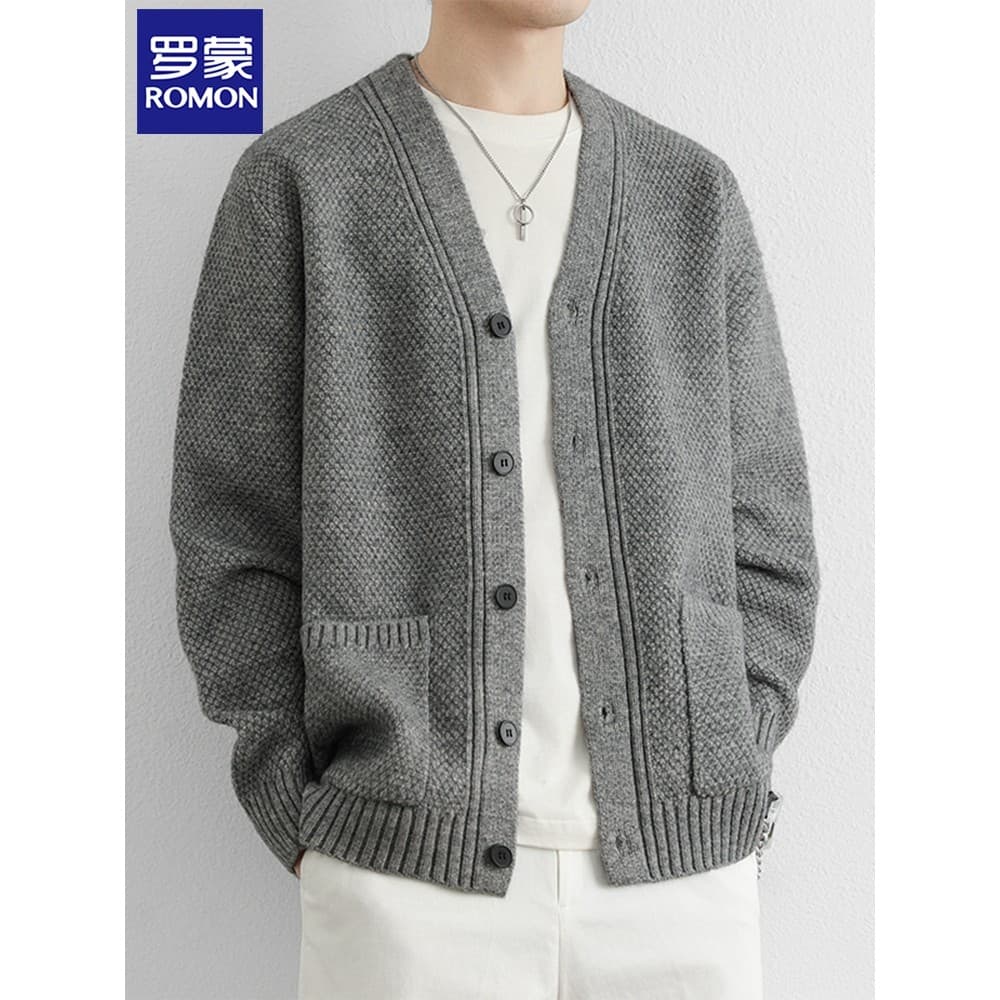 Lomon luz luxo Cardigan camisola masculina outono inverno com decote em V cor sólida malhas jaqueta na moda solta