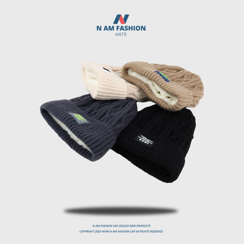 W inverno versão coreana forro de lã textura espessada rotulagem chapéu de malha masculino ao ar livre quente proteção d