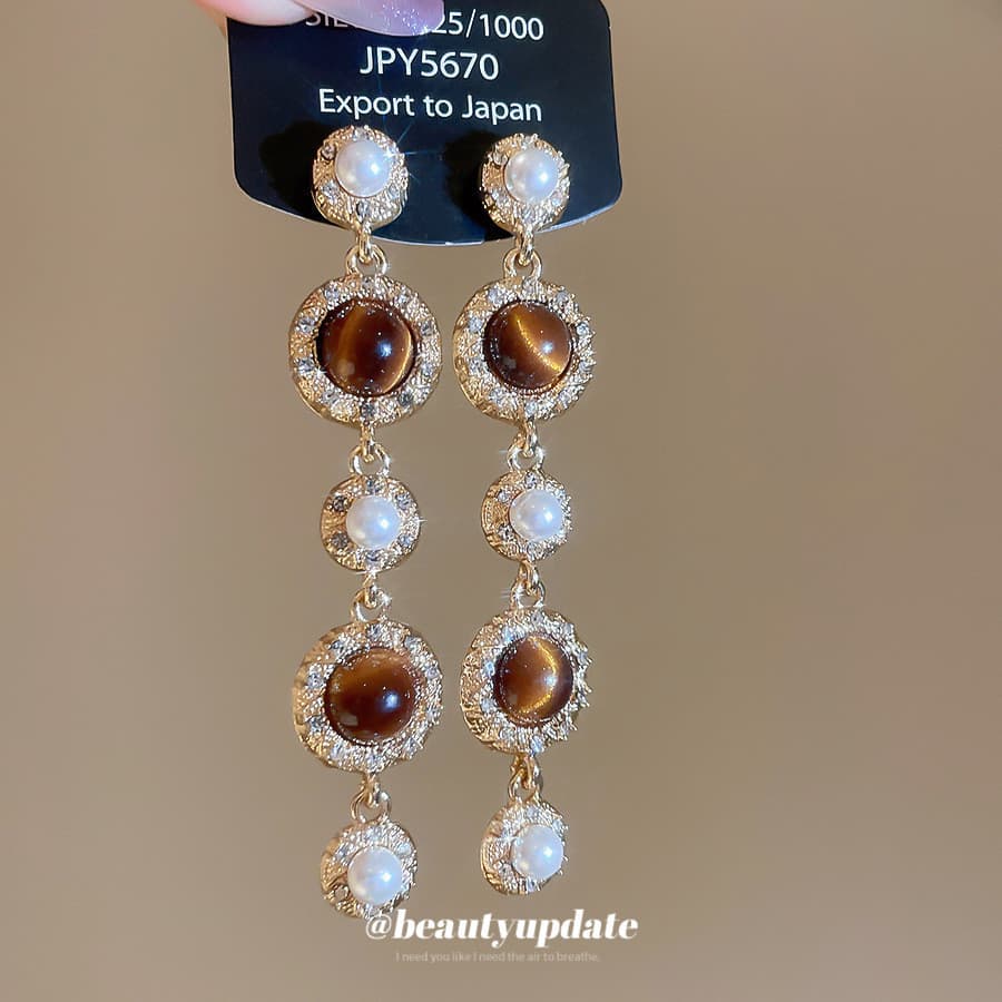 Agulha de prata diamante pérola olho de tigre pedra redonda borla brincos Retro tribunal estilo brincos luz luxo High-En